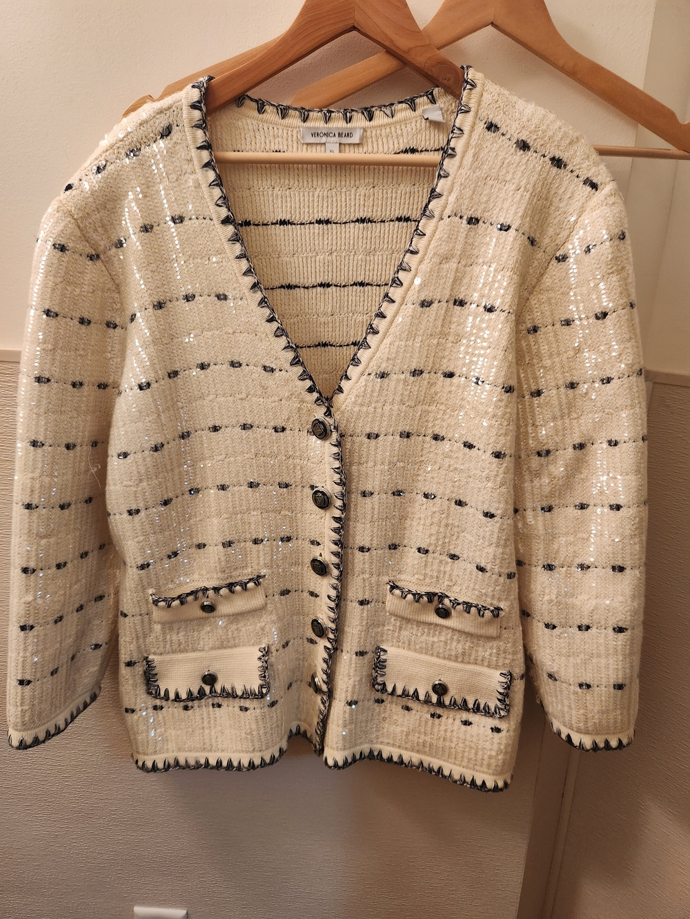 Veronica Beard Cream Tweed Button-Front Sequined Cardigan Sweater